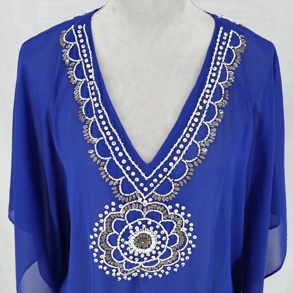 Chicos Top Womens Small Medium Blue Beaded Blouse Chiffon Lined Batwing Sleeves - Picture 7 of 13